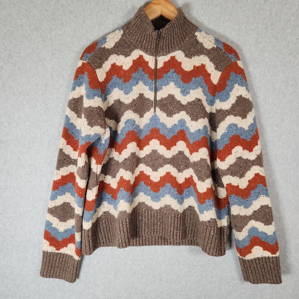 Toad&Co Wilde Sweater Womens XL Brown Blue Zigzag Zip Non Mulesed Wool Blend